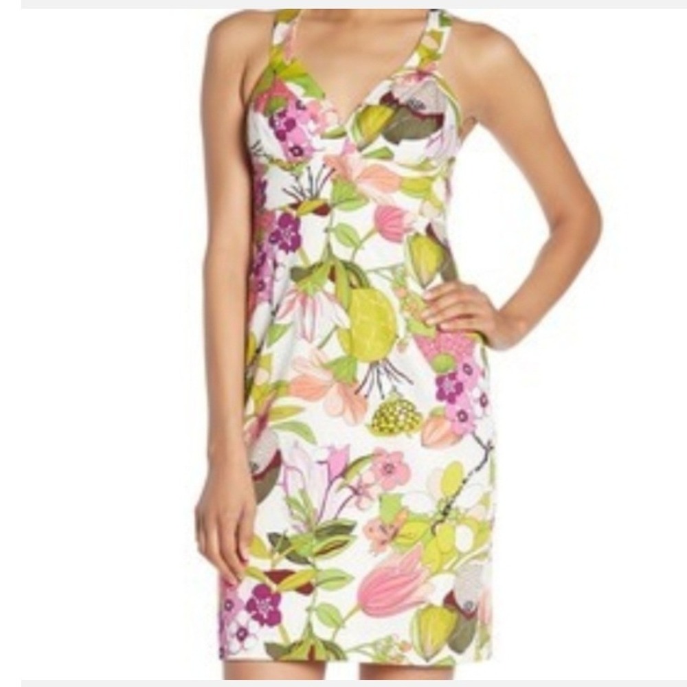 Trina Turk Floral V-Neck Cross Back Sheath Dress Pink Green White